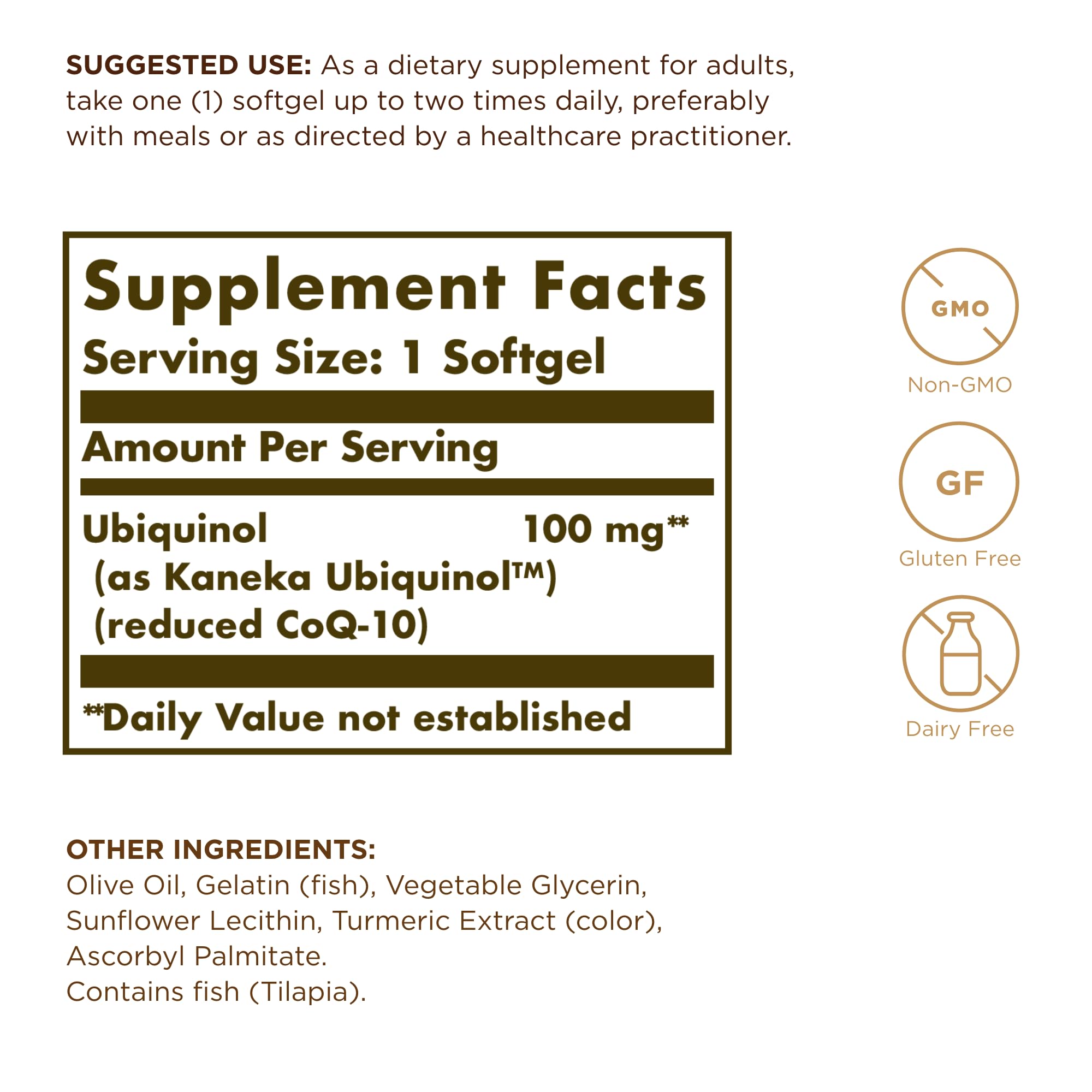 Solgar Ubiquinol 100 mg: etiqueta clara destacando CoQ-10 reducido para apoyo antioxidante.