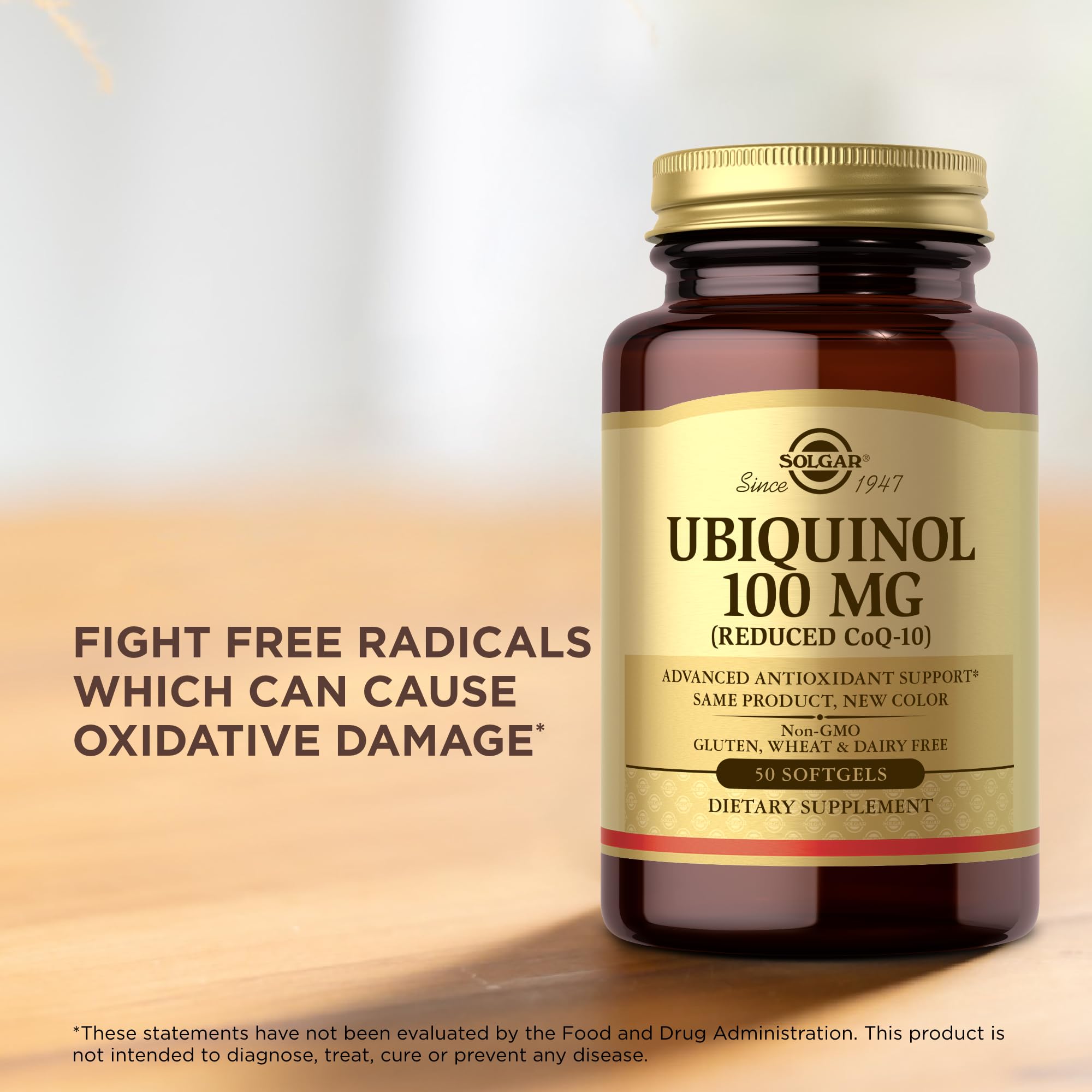 Solgar Ubiquinol 100 mg: imagen de producto en estante.