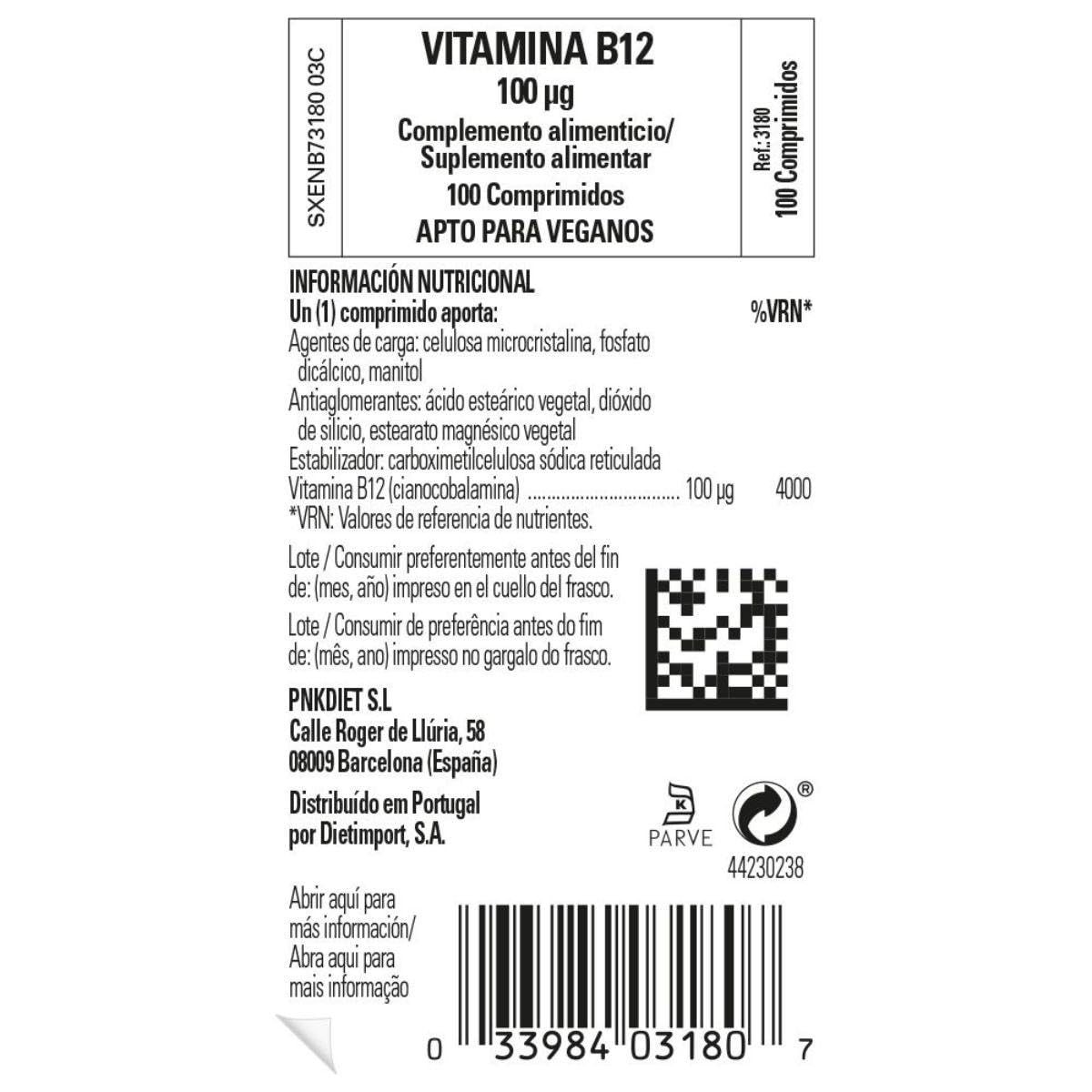 Solgar Vitamina B12 100 µg, etiqueta clara que resalta pureza y calidad para el día a día.
