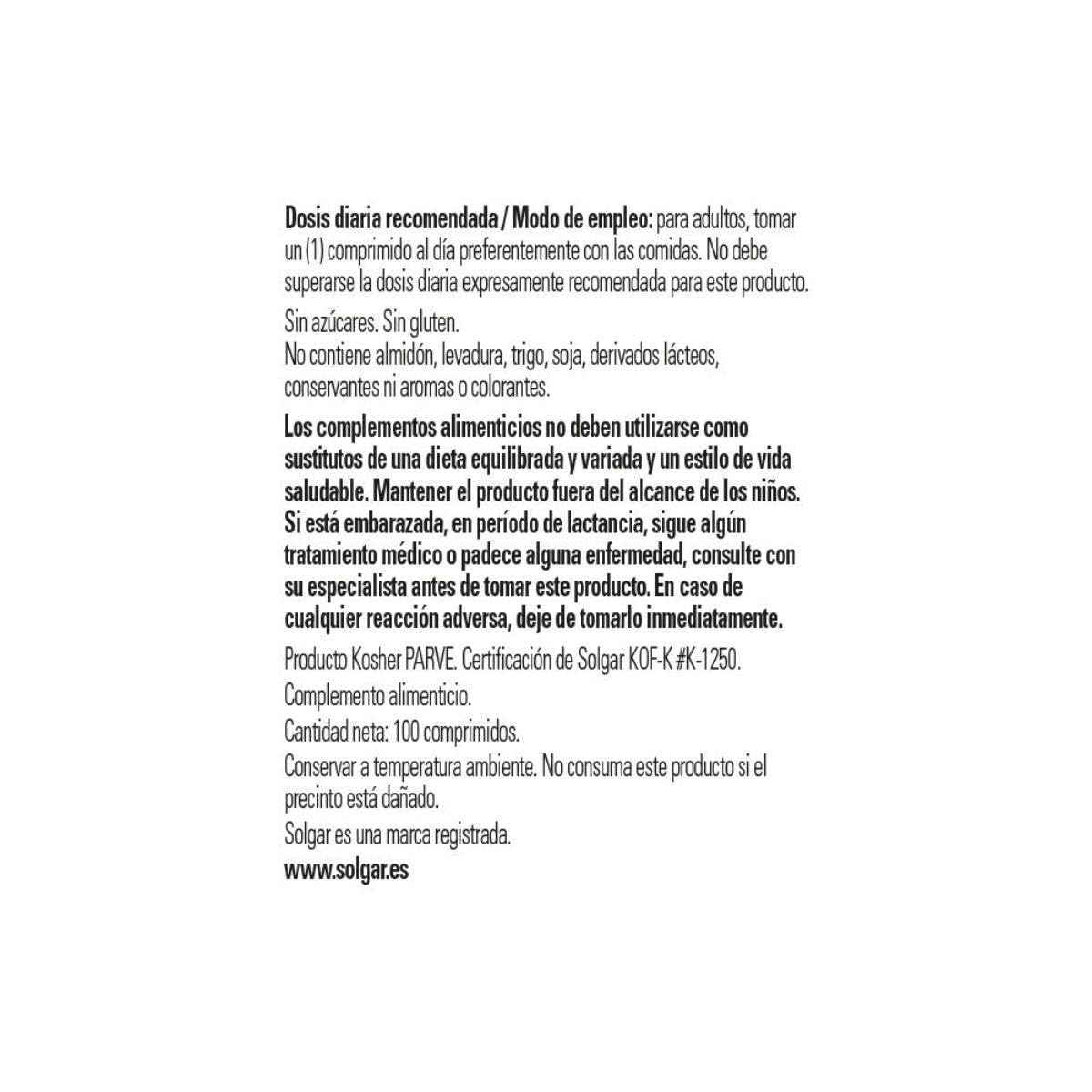 Tabletas Solgar Vitamina B12 100 µg, empaque pensado para toma diaria y entrega estable de energía.