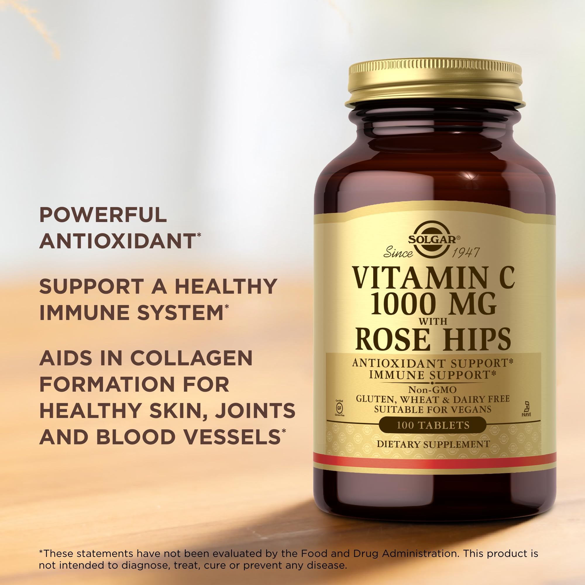 Solgar Vitamina C 1000 mg sello kosher y certificaciones visibles.