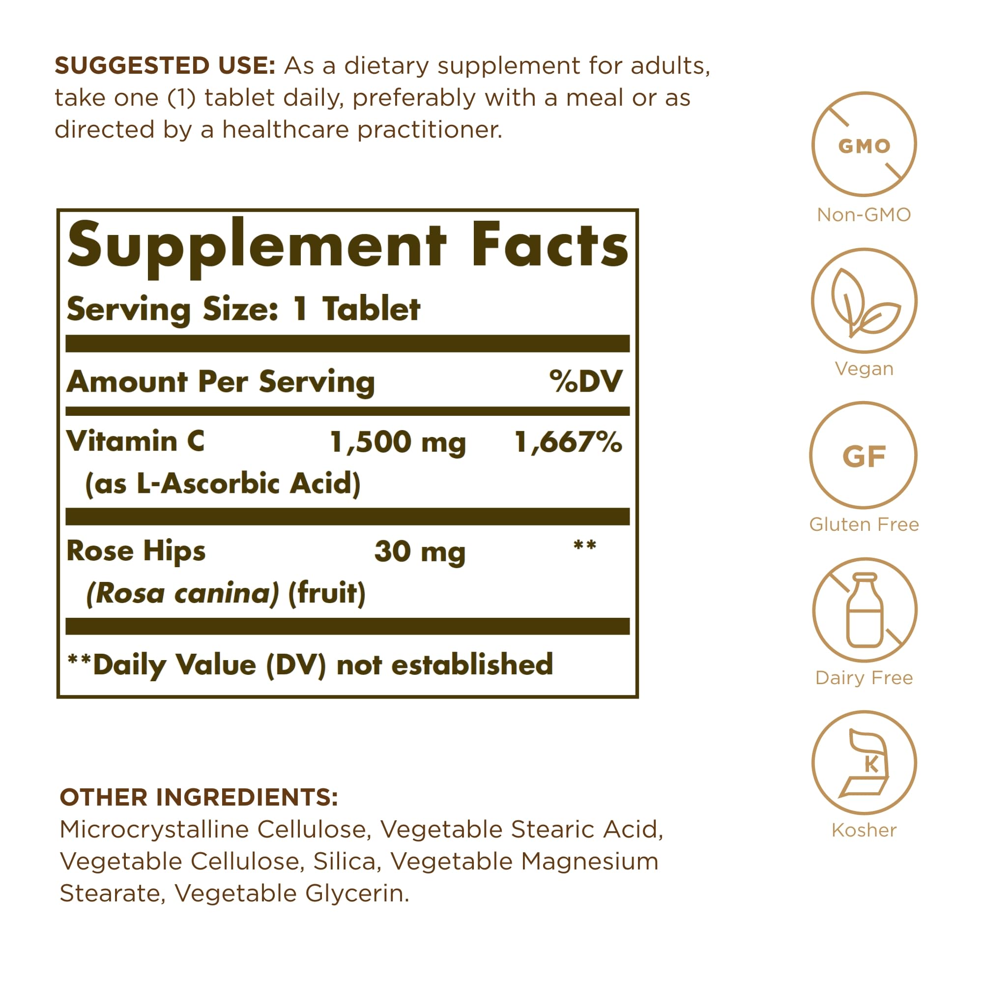 Solgar Vitamina C 1500 mg con rosa mosqueta, botella de 90 tabletas para la rutina diaria.