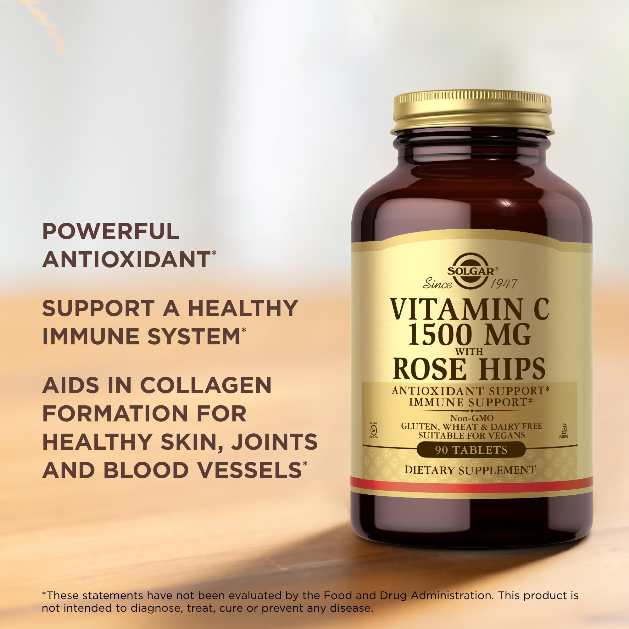Solgar Vitamina C 1500 mg con rosa mosqueta, tamaño compacto ideal para viaje.