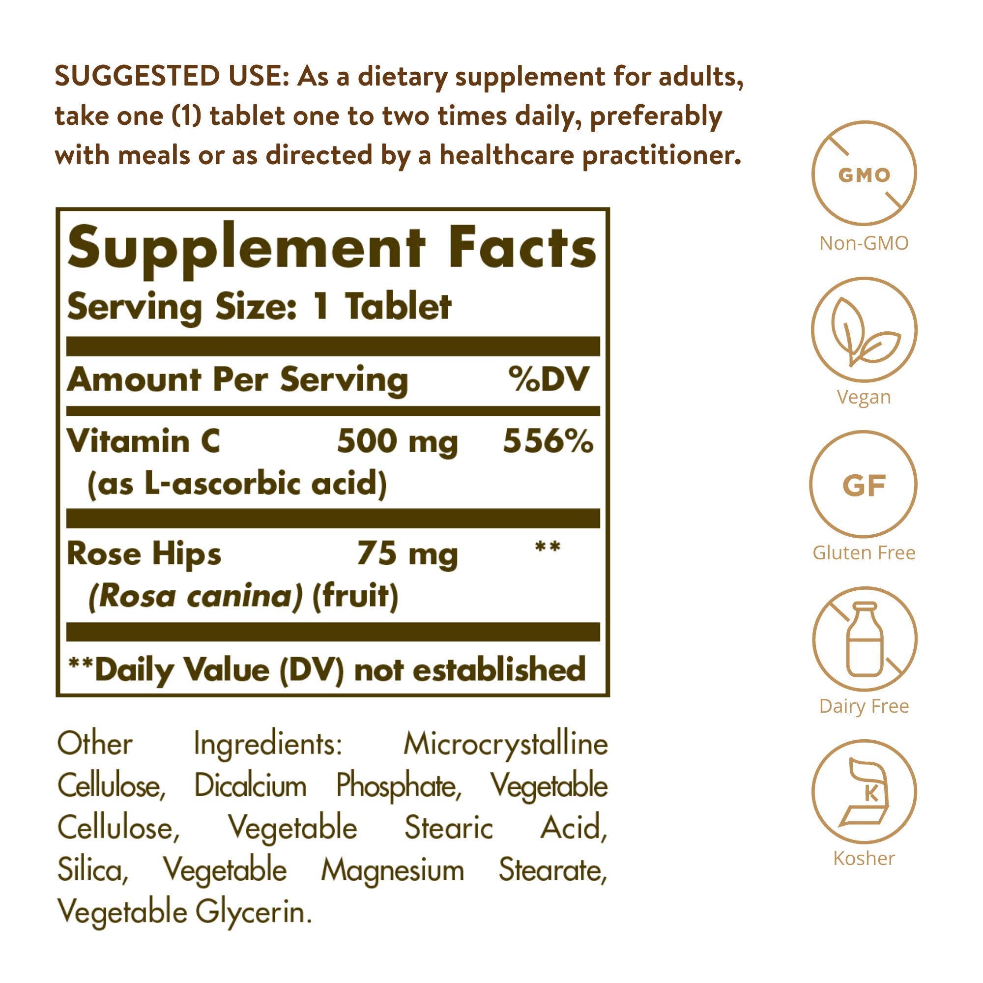 Frasco de 250 tabletas Solgar, dosis diaria de vitamina C