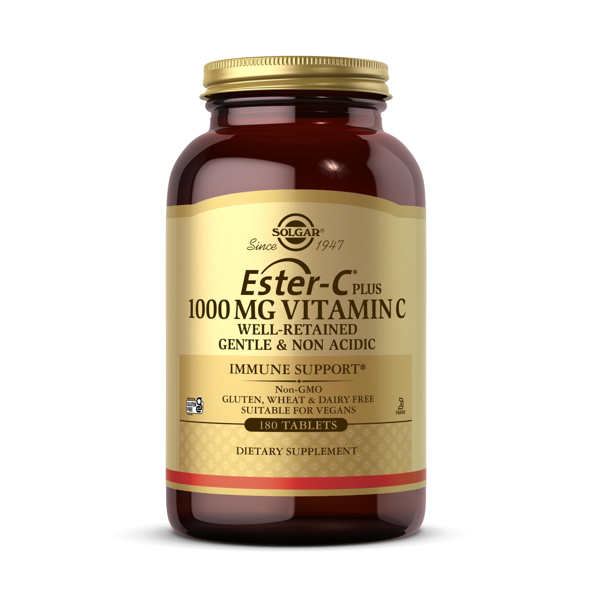 Solgar Vitamina C Ester Plus 1000 mg: botella visible, refuerzo suave para el estómago.