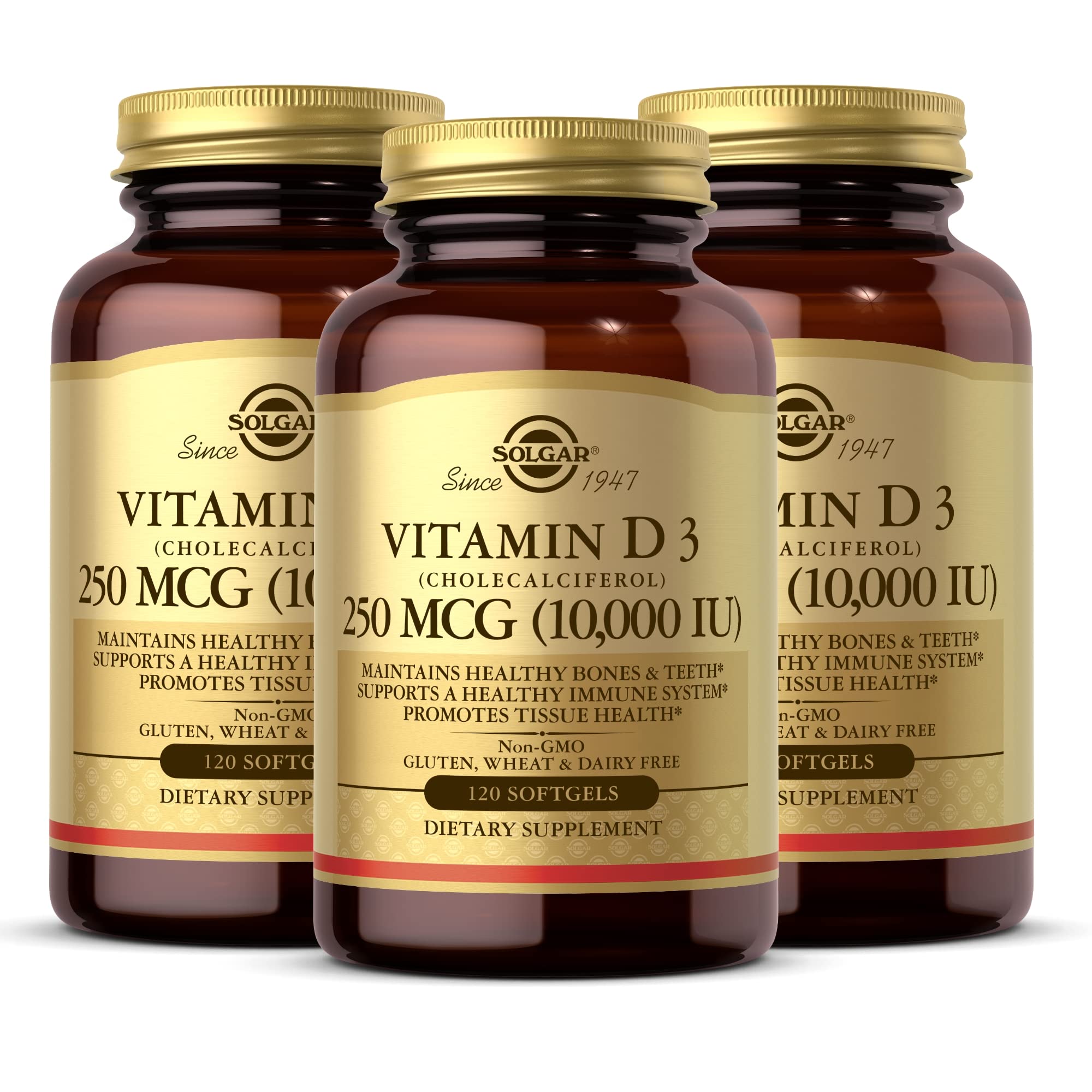 Solgar Vitamina D3, botella con cápsulas blandas, apoya huesos y salud inmune.