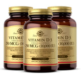 Solgar Vitamina D3, botella con cápsulas blandas, apoya huesos y salud inmune.