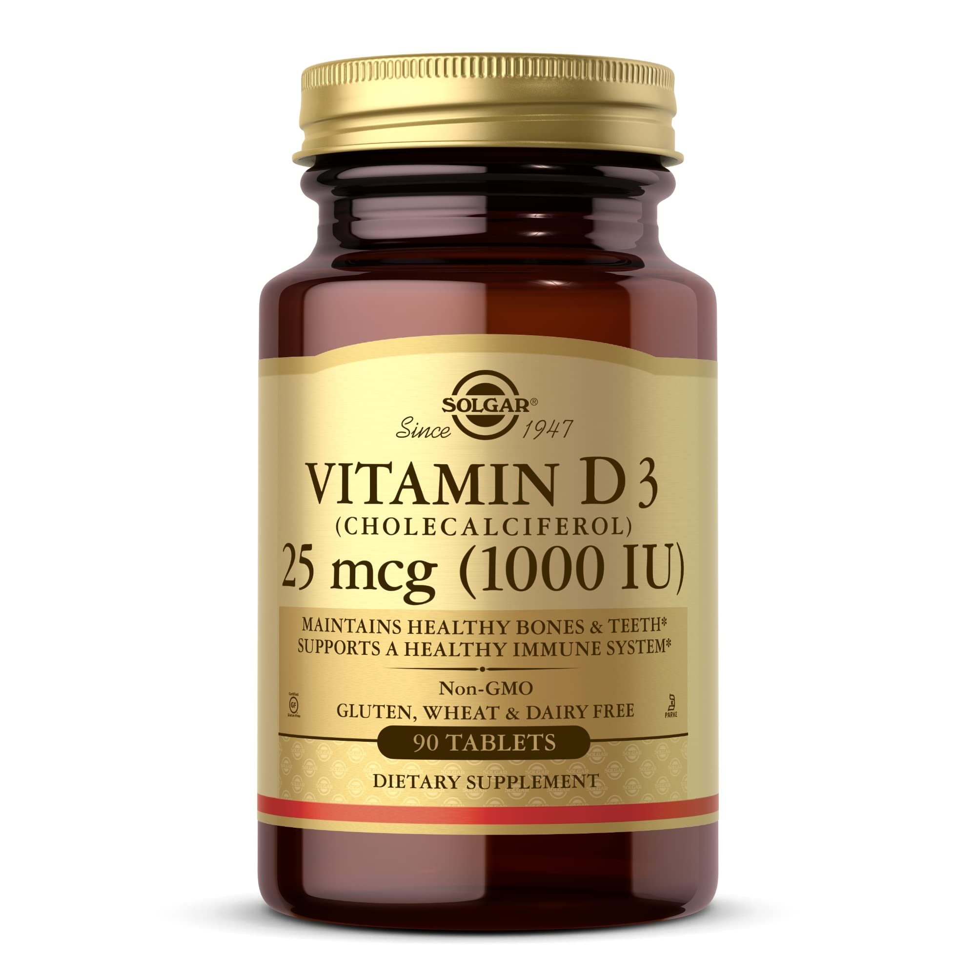 Solgar Vitamina D3 1000UI, frente del envase, ayuda a mantener huesos sanos.
