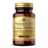 Solgar Vitamina D3 1000UI, frente del envase, ayuda a mantener huesos sanos.