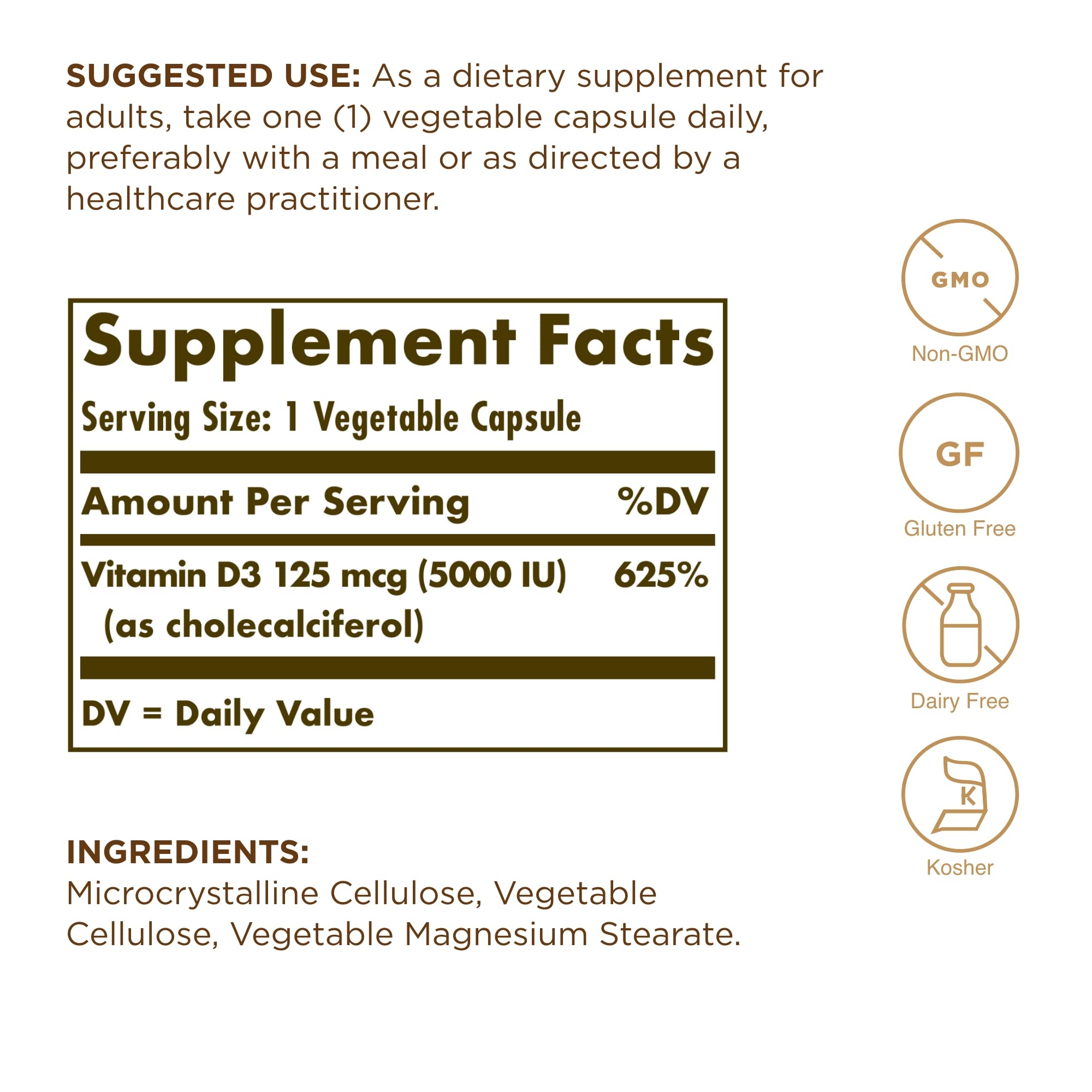Solgar Vitamina D3 cápsula en palma para uso diario y calcio.