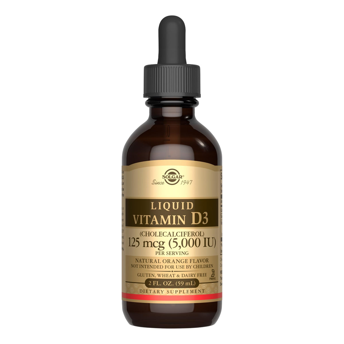 Solgar Vitamina D3 líquida sabor naranja en frasco para apoyo diario de huesos