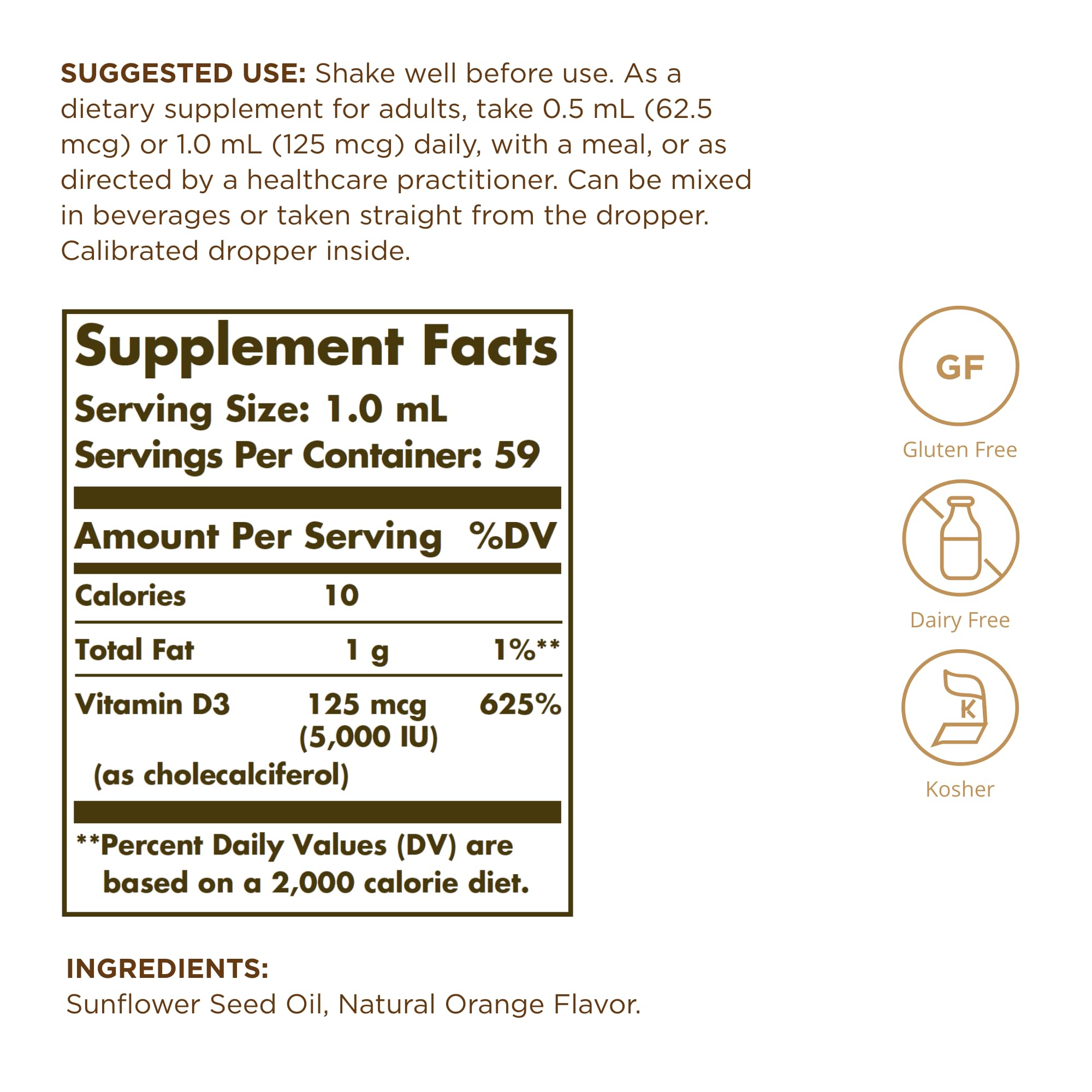 Solgar Vitamina D3 líquida con pipeta para dosis diarias y absorción