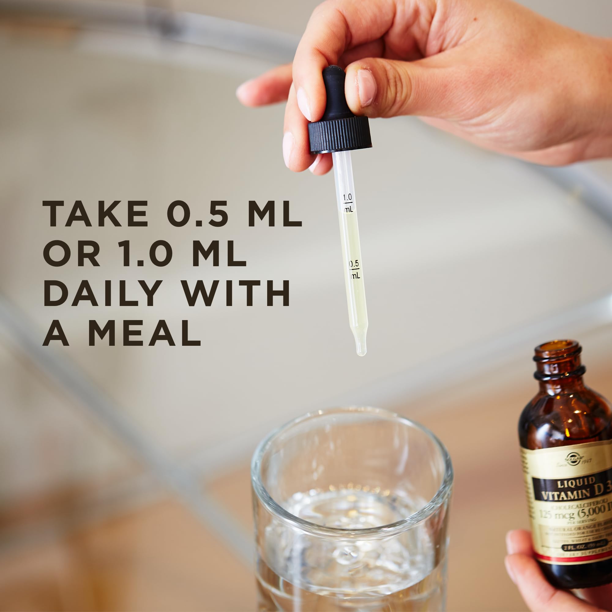 Solgar Vitamina D3 líquido, etiqueta visible, apoyo al sistema inmune