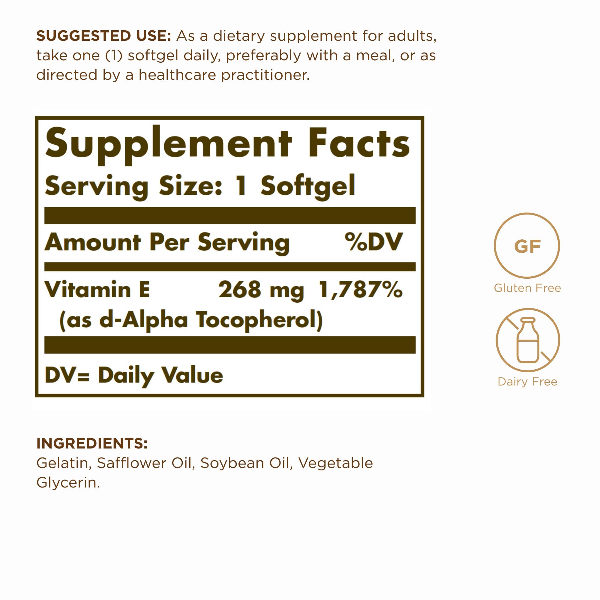 Solgar Vitamina E 268 mg, etiqueta destacando pureza y calidad