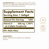 Solgar Vitamina E 268 mg, etiqueta destacando pureza y calidad
