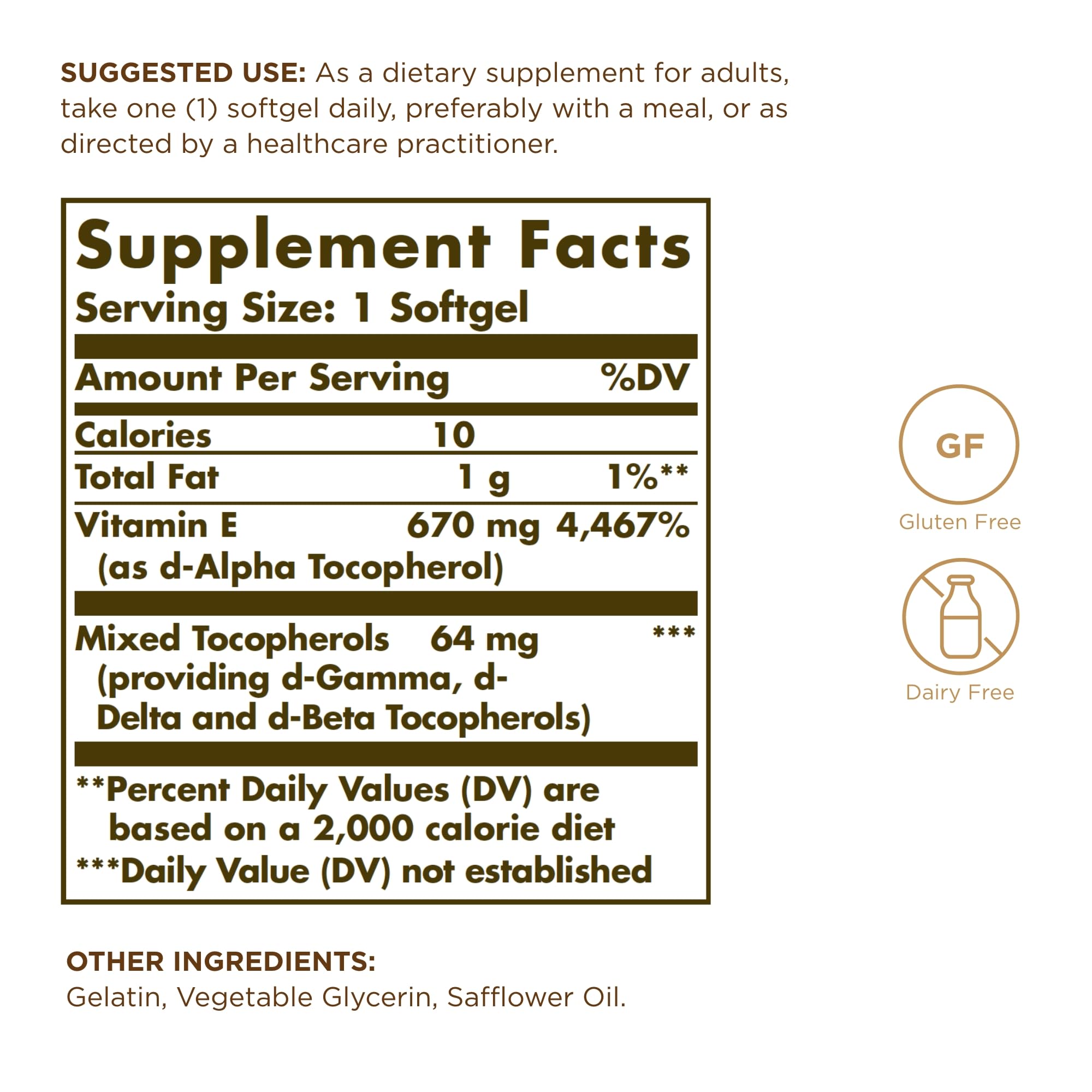 Solgar Vitamina E: detalle de etiqueta con mezcla de tocoferoles para absorción.