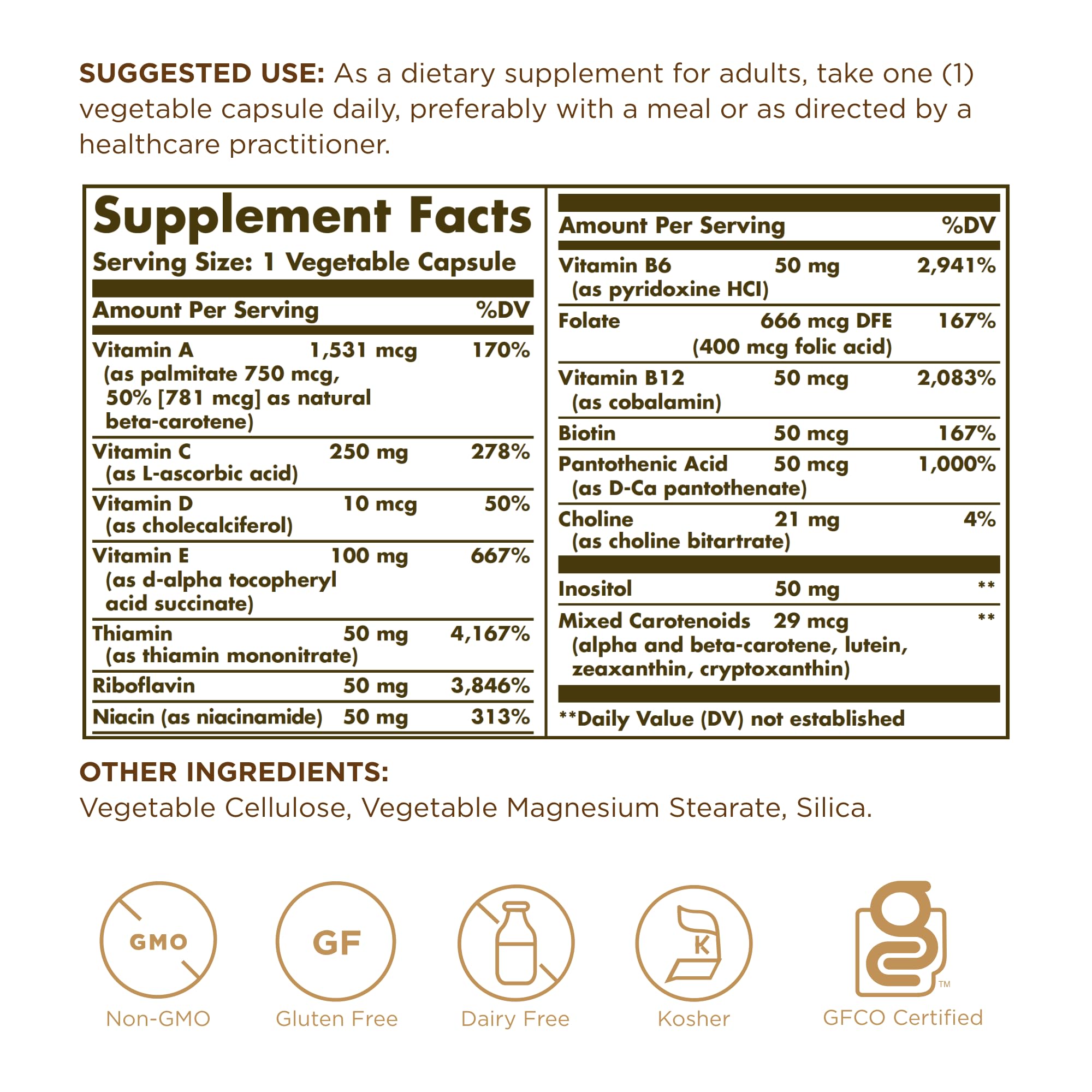 Solgar Vitaminas Solas, etiqueta visible: opción vegetariana sin aditivos artificiales.