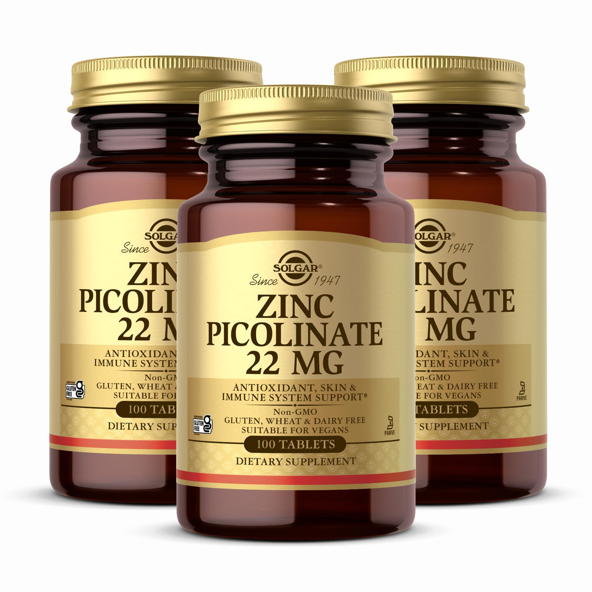 Solgar Zinc Picolinato 22 mg: botella de tabletas para uso diario y soporte nutricional.
