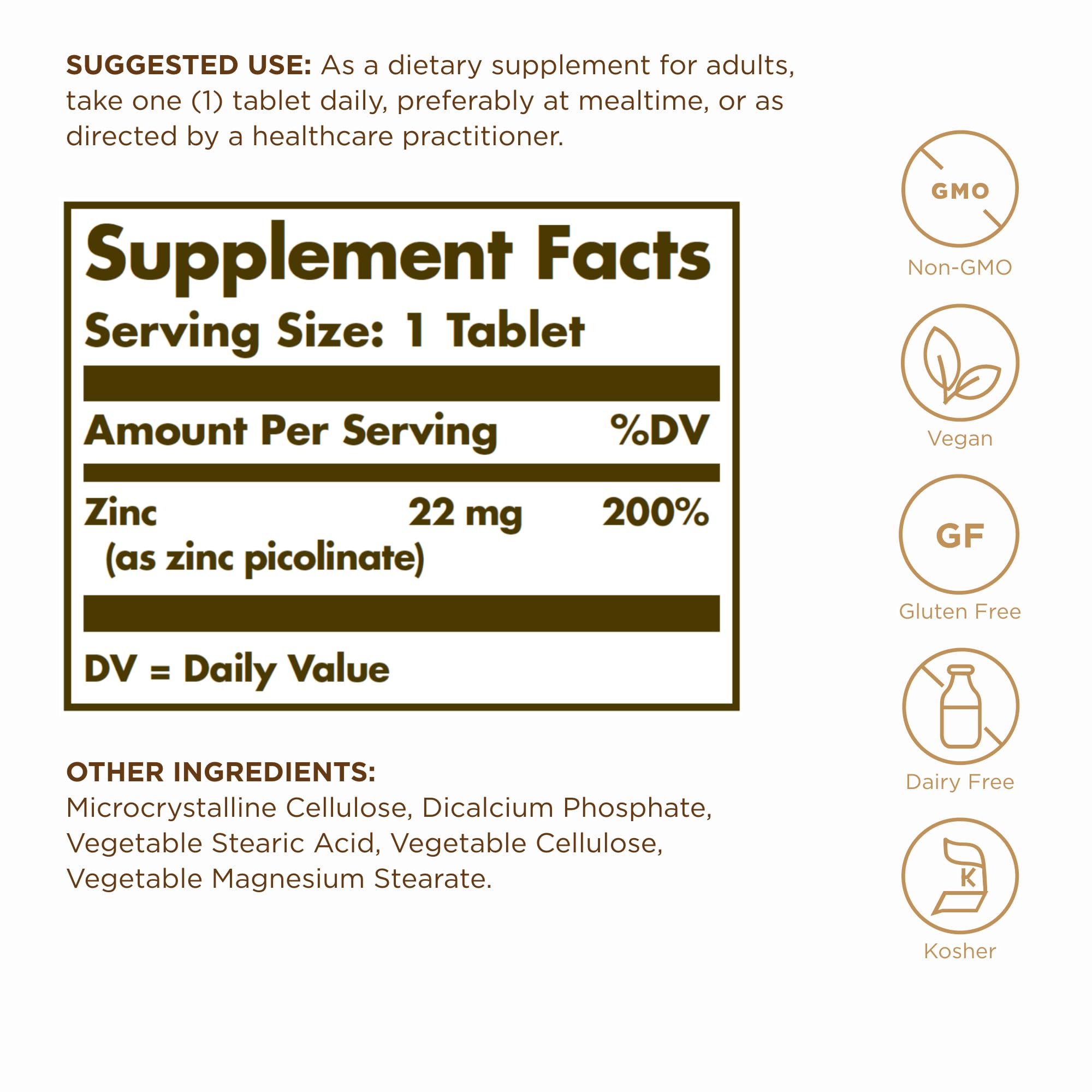 Solgar Zinc Picolinato: etiqueta legible que destaca su forma quelada y alta absorbibilidad.