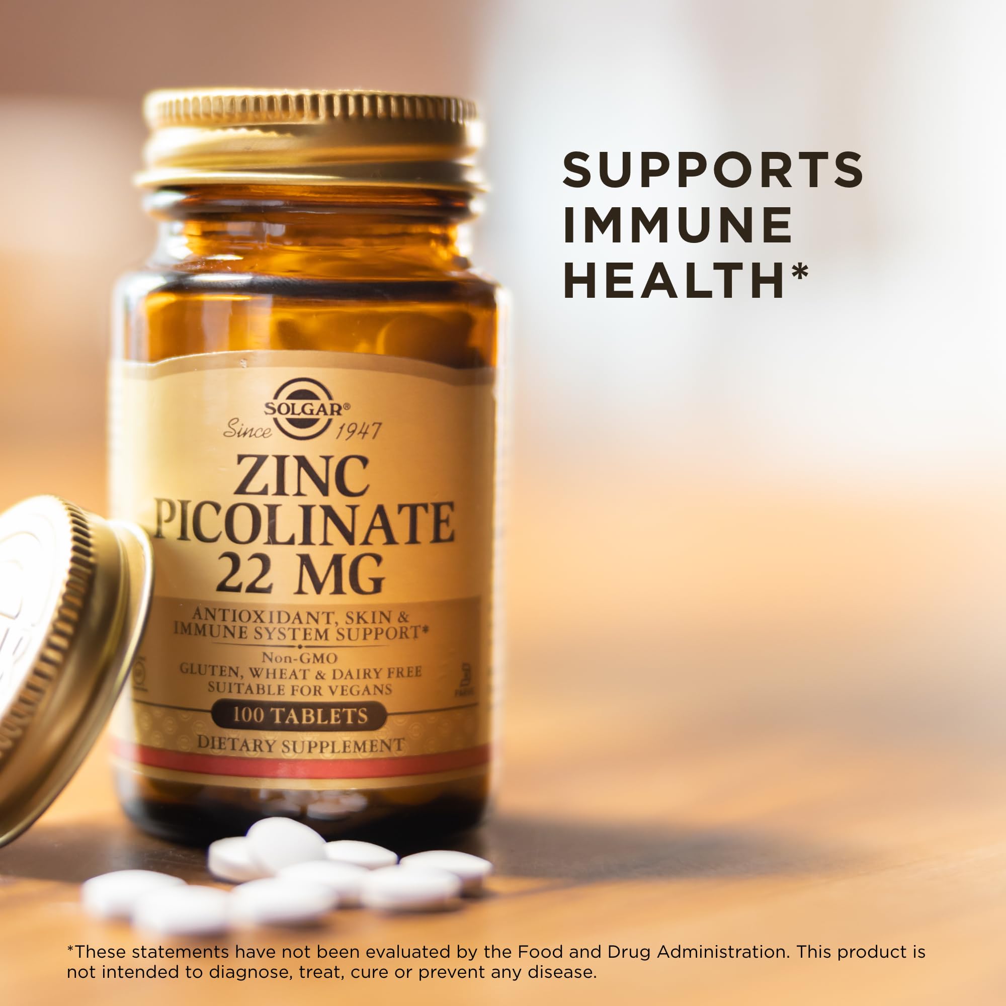 Solgar Zinc Picolinato libre de gluten, vegetariano y kosher para diversas dietas.