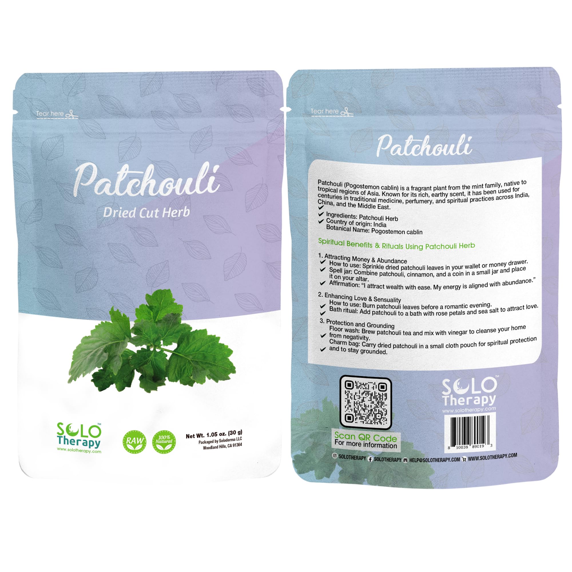 Solo Therapy Patchouli hierba, bolsa con cierre hermético para conservar aroma terroso