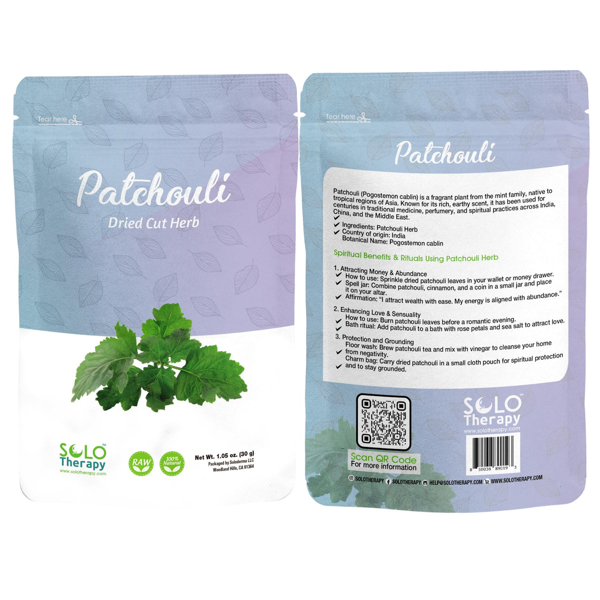 Solo Therapy Patchouli hierba, bolsa con cierre hermético para conservar aroma terroso