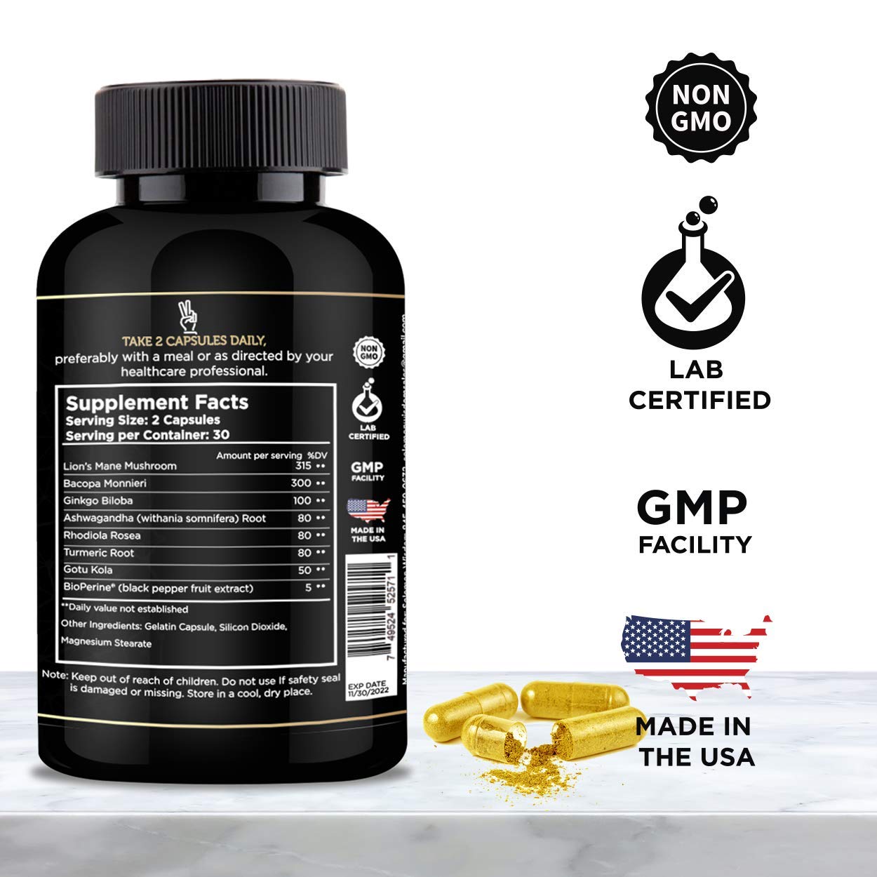 Solomon Wisdom, impulsor cerebral: etiqueta frontal que destaca ingredientes naturales.