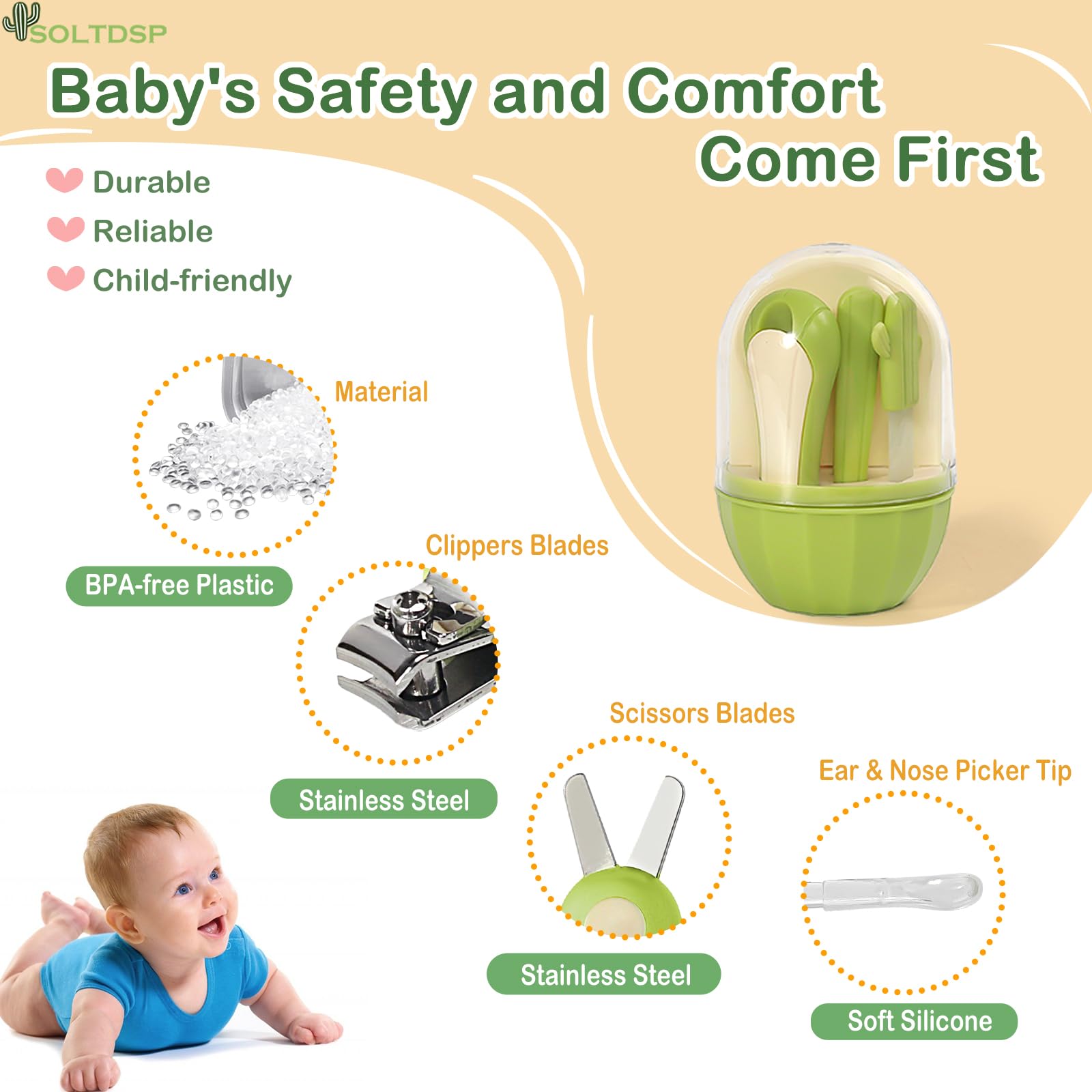 Cortaúñas bebé Soltdsp cactus verde, ideal para uñas pequeñas.