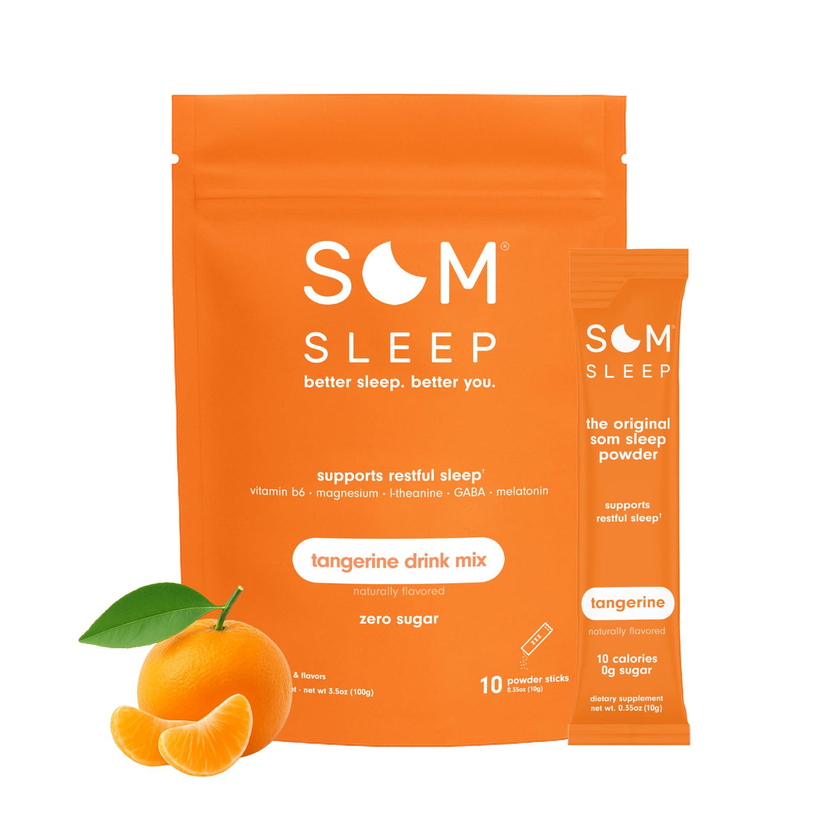 Som Sleep polvo de mandarina en un vaso, listo para mezclar.