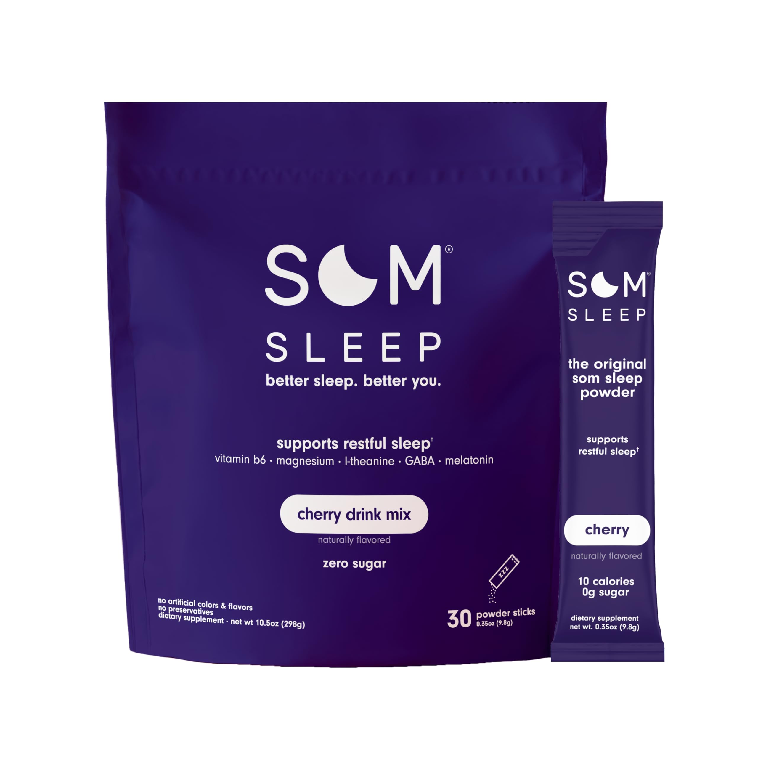Som Sleep polvo sabor cereza en frasco, apoyo suave al inicio del sueño.