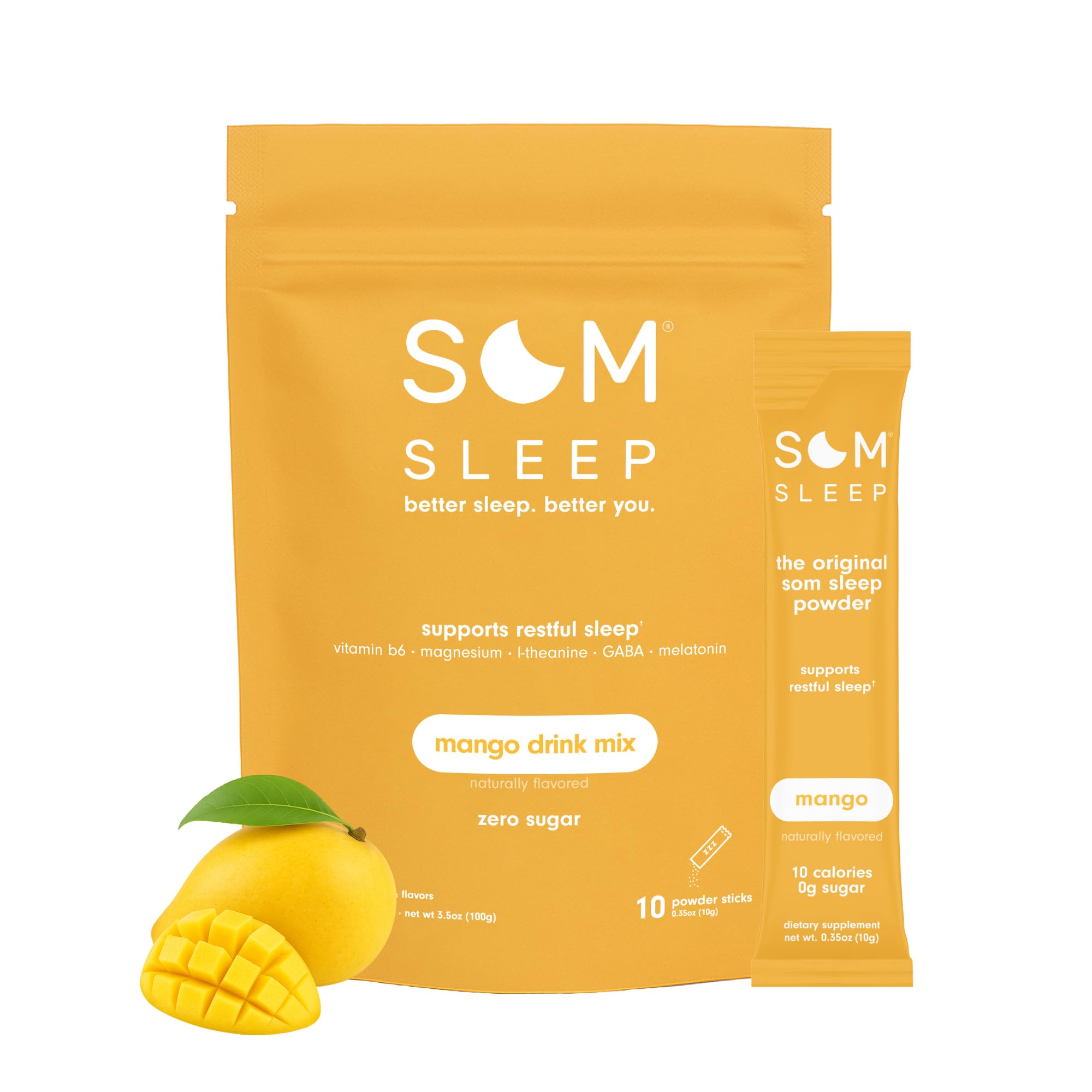 Som Sleep polvo sabor mango listo para mezclar y promover relajación previa al sueño.