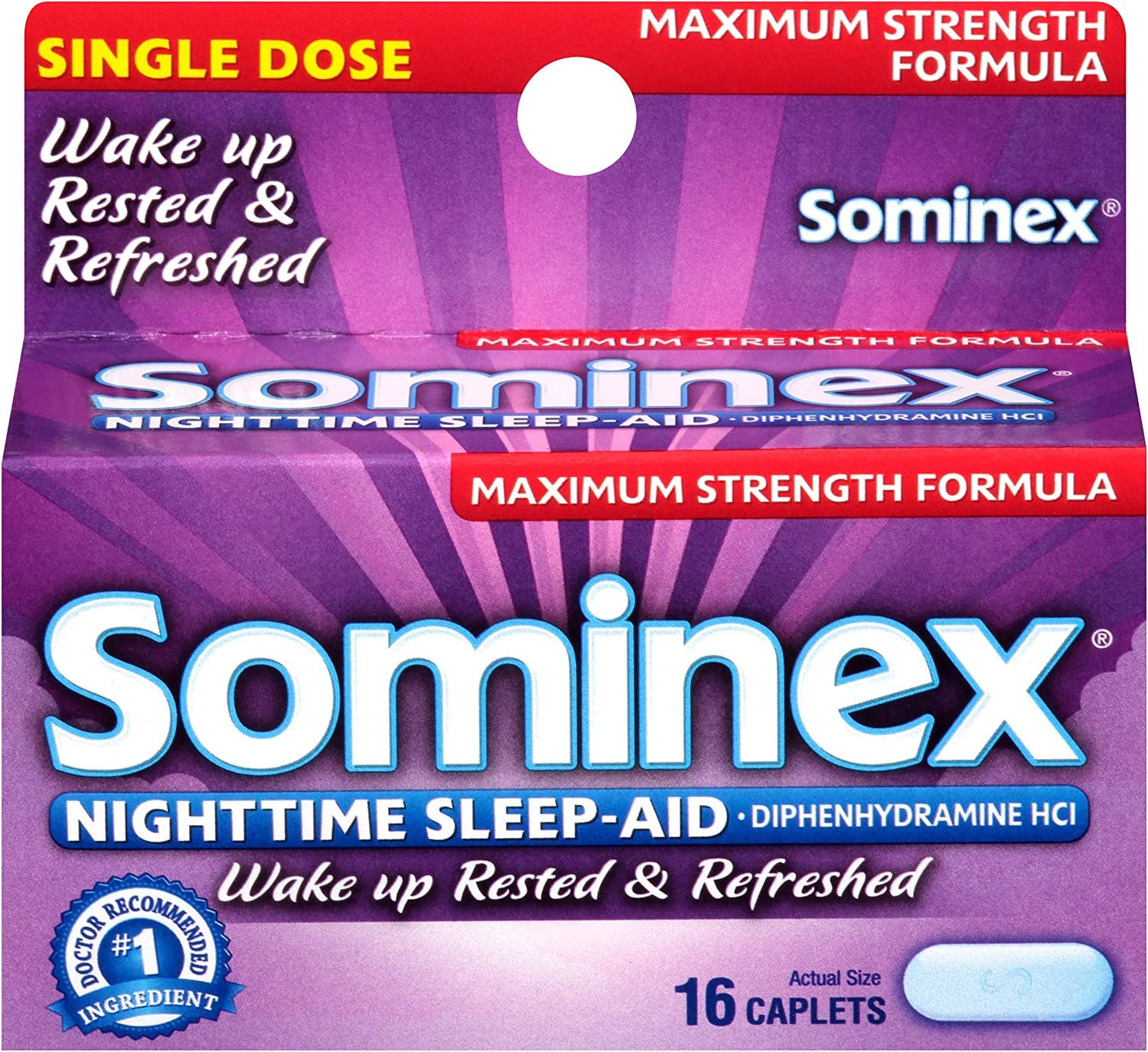 Sominex bote de 16 tabletas, listo para uso nocturno y temporal.