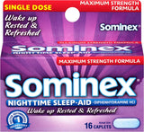 Sominex bote de 16 tabletas, listo para uso nocturno y temporal.