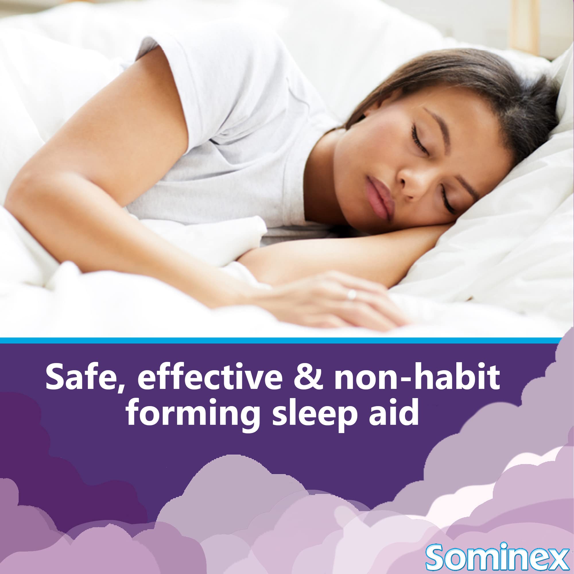Sominex, botella nocturna lista para tomar antes de acostarte y descansar.