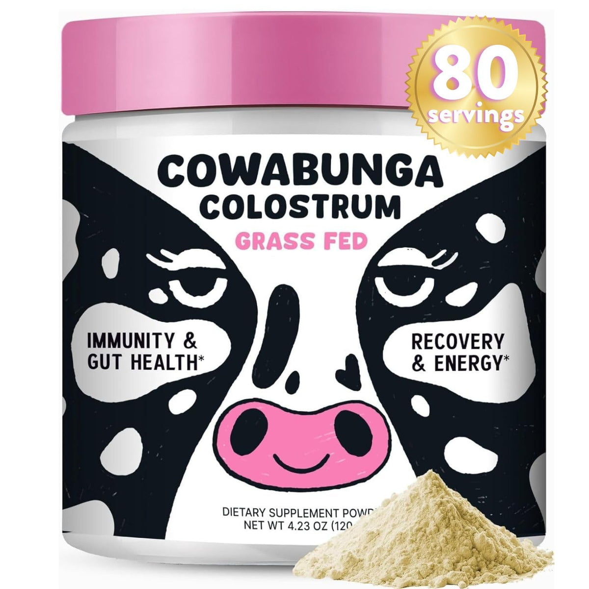 Sonohalth Cowabunga Colostrum envase con medidor para dosificación precisa.
