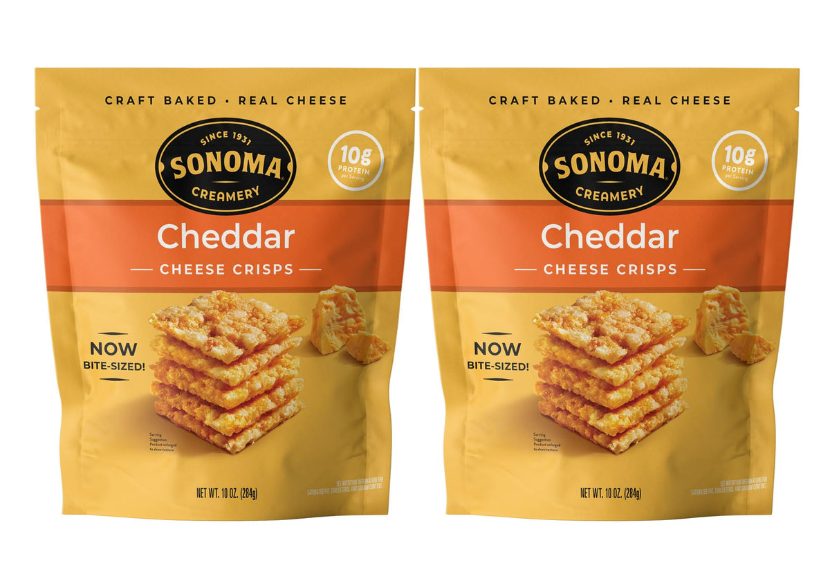 Sonoma Creamery Quesos crujientes cheddar, empaque listo para merienda rápida.