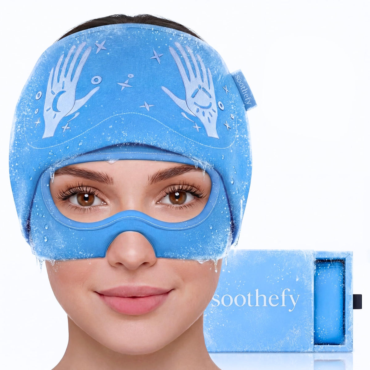 Soothefy Migraine Relief Cap con cobertura 360° para alivio cómodo en casa.