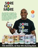 Sore No More frasco de 8 oz, compacto para uso en casa.