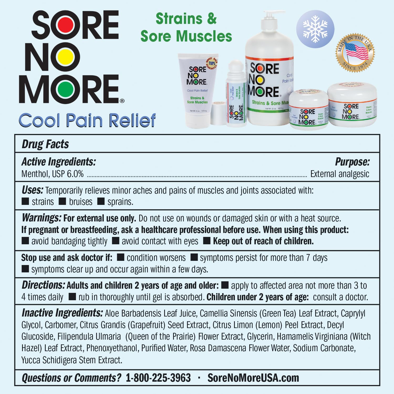 Sore No More fórmula limpia, vegana y sin gluten para uso diario.