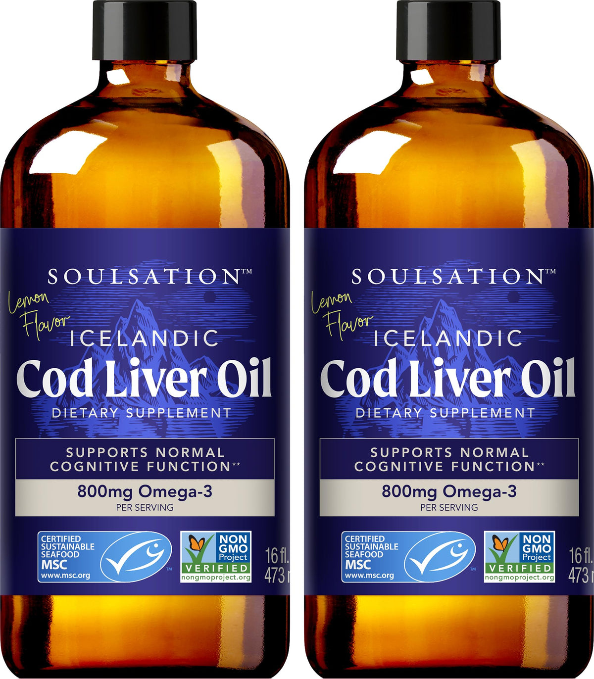 SOULSATION: botella de aceite de hígado de bacalao islandés con limón para bienestar diario.