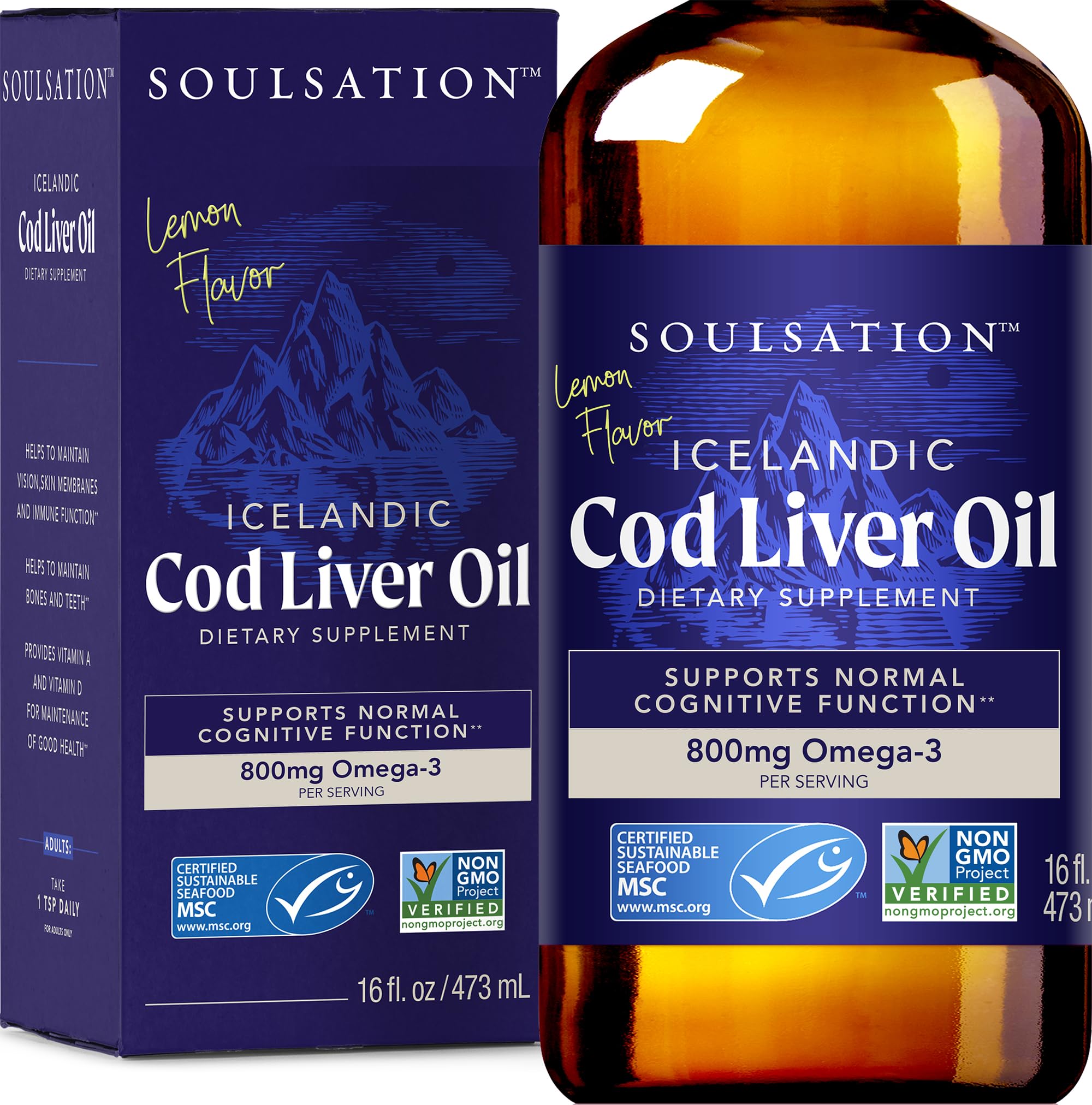 SOULSATION botella de aceite de hígado de bacalao islandés con limón, fácil de incorporar.