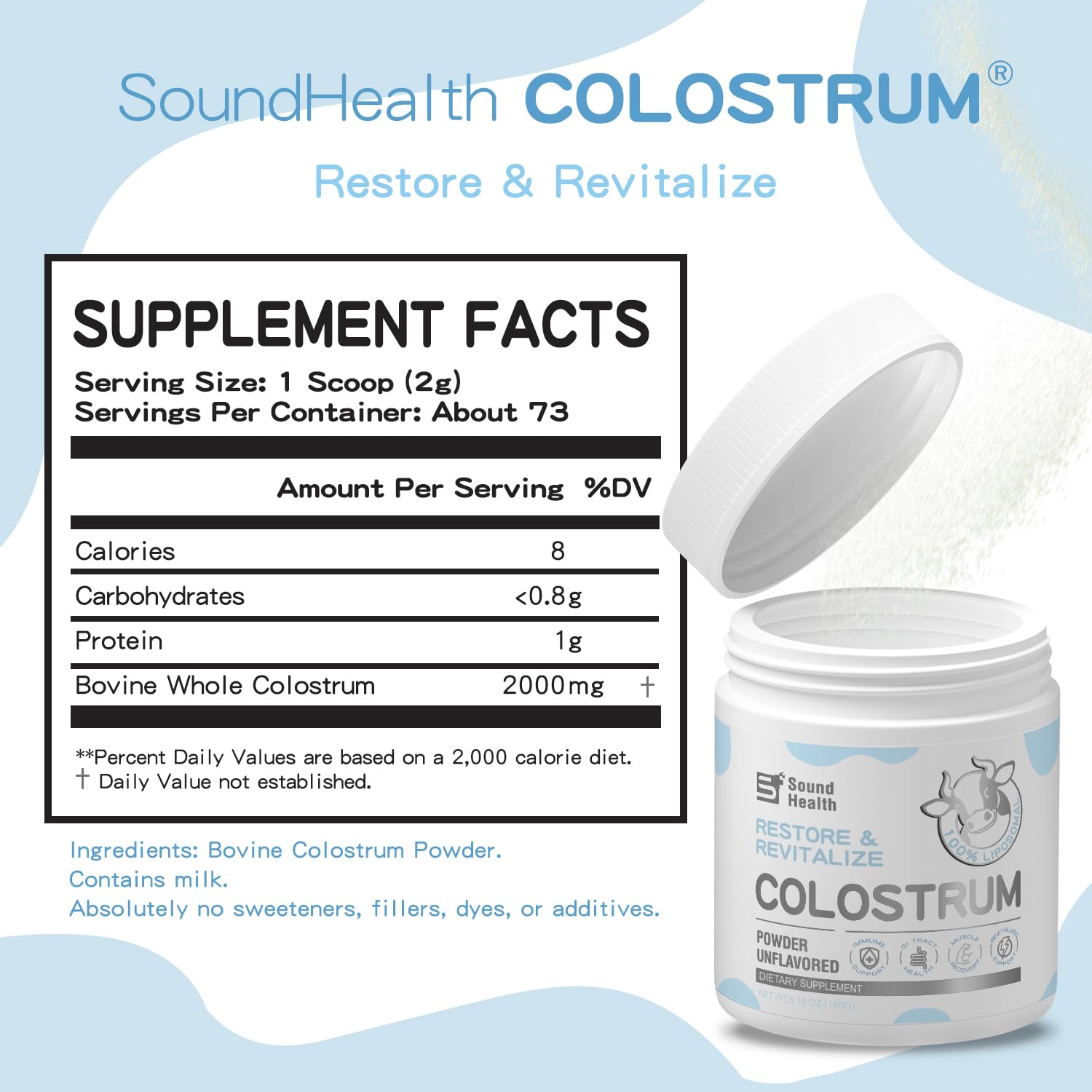 SoundHealth colostro bovino en frasco, fuente natural de nutrientes.