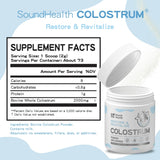 SoundHealth colostro bovino en frasco, fuente natural de nutrientes.
