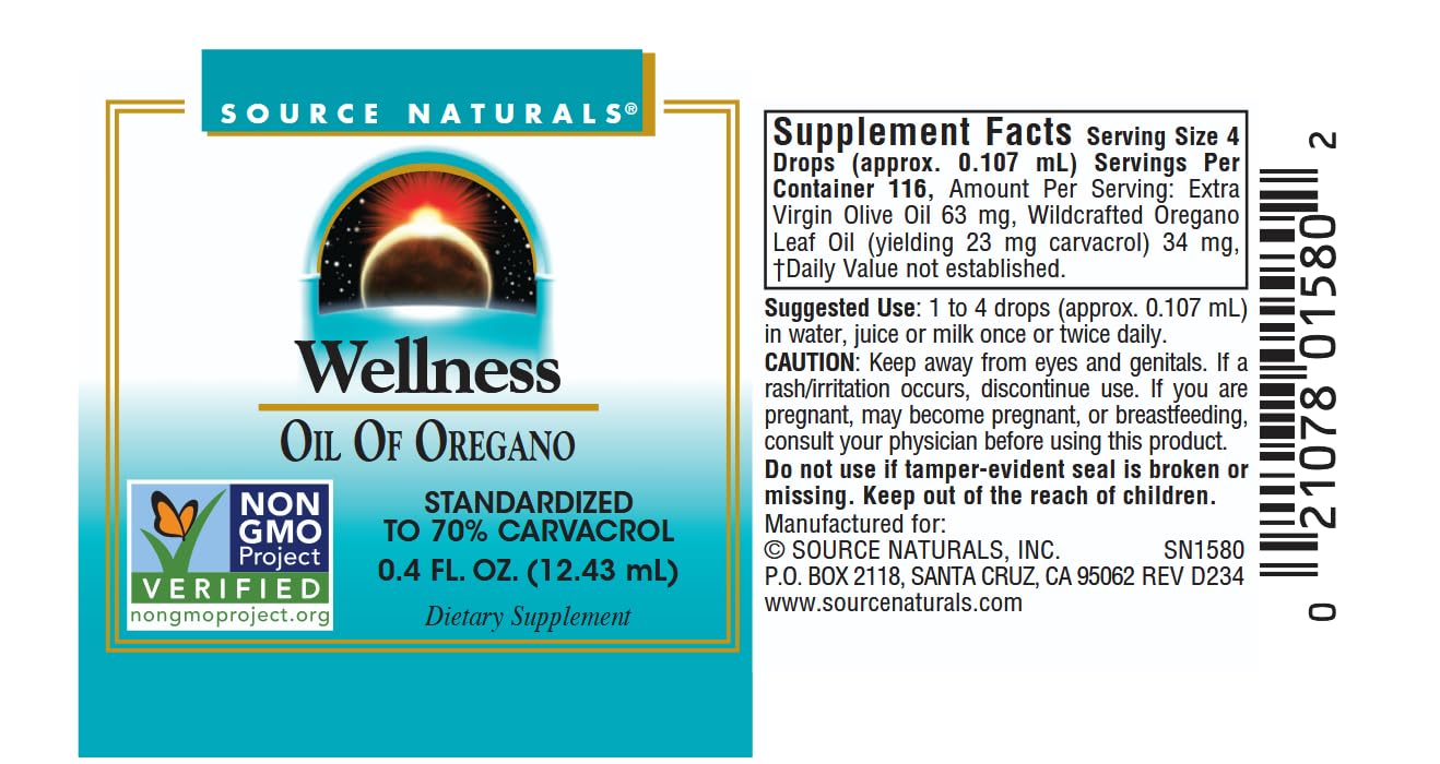 Source Naturals aceite de oregano en frasco oscuro, conserva potencia y frescura.