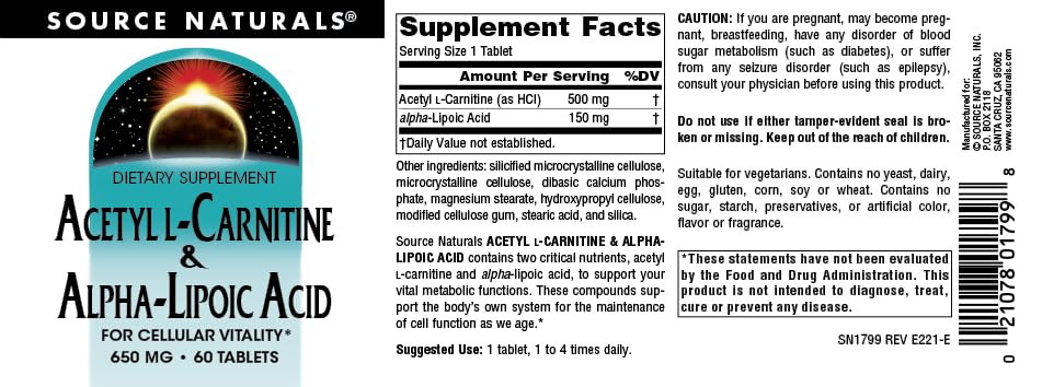 Caja de Source Naturals Acetil L-Carnitina y Alfa Lipoico apta para vegetarianos