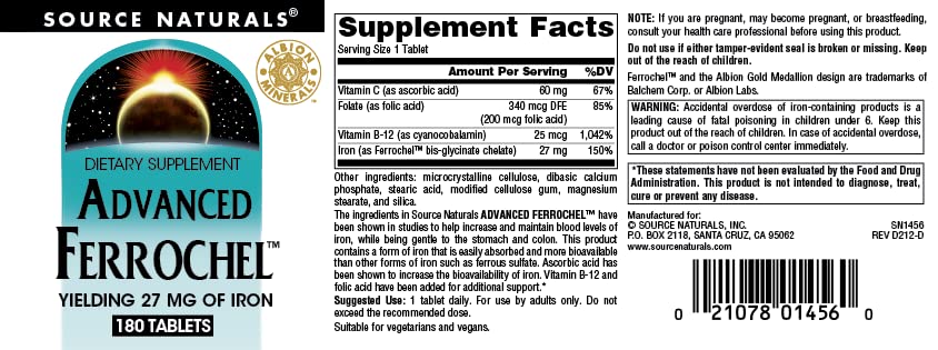 Envase de 180 tabletas Source Naturals Advanced Ferrochel.