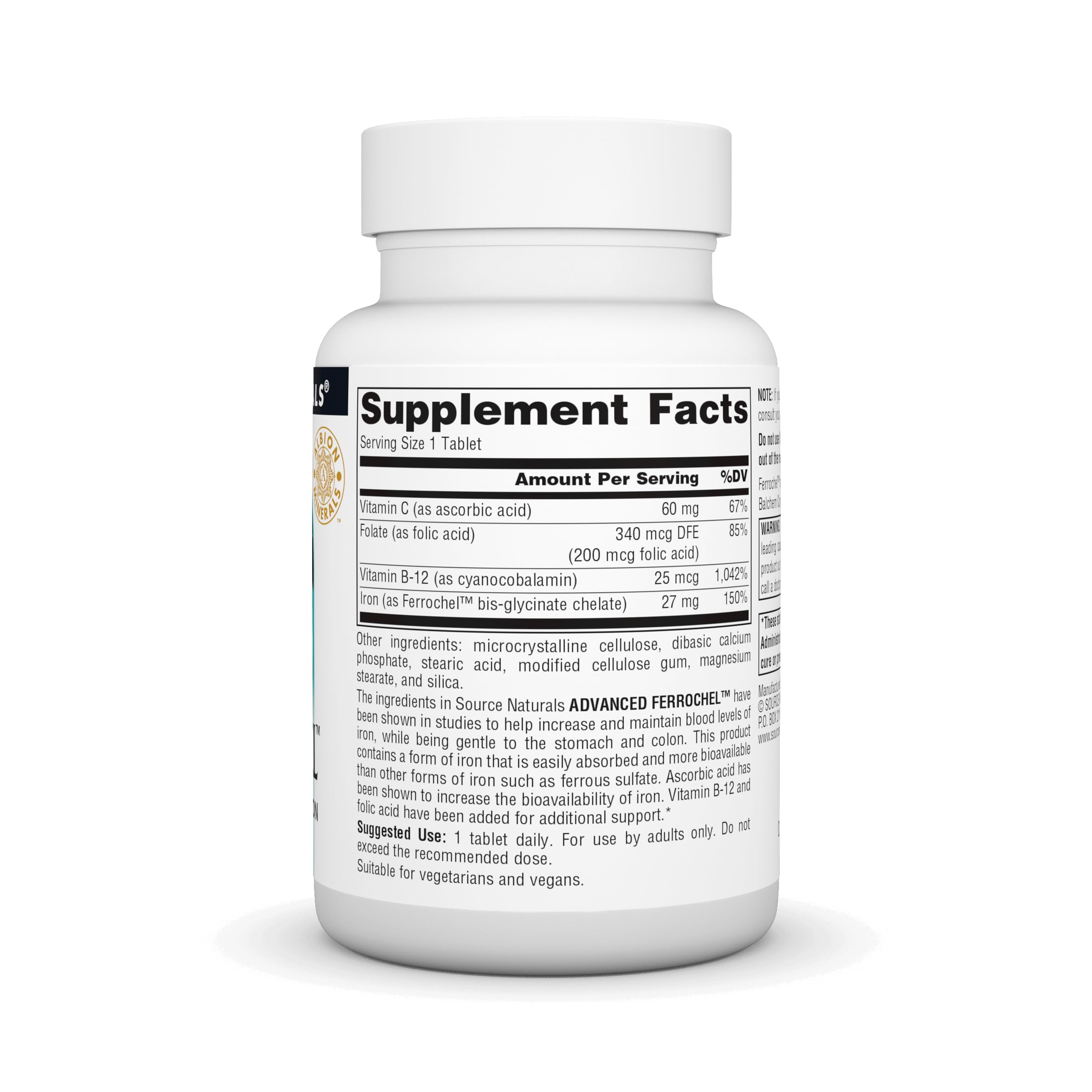Etiqueta de Source Naturals Advanced Ferrochel destaca hierro suave para estómago.