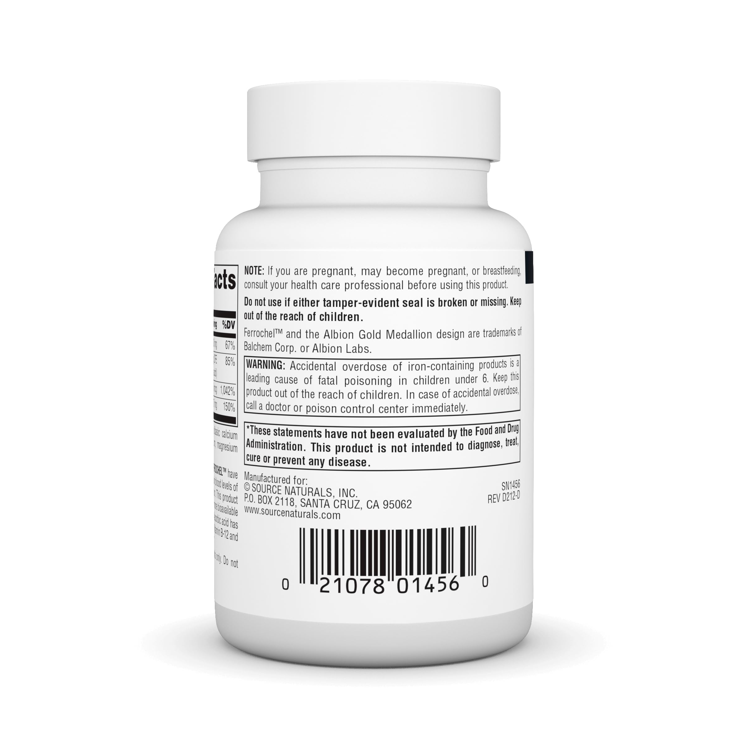 Tabletas Source Naturals Advanced Ferrochel listas para tomar con agua.
