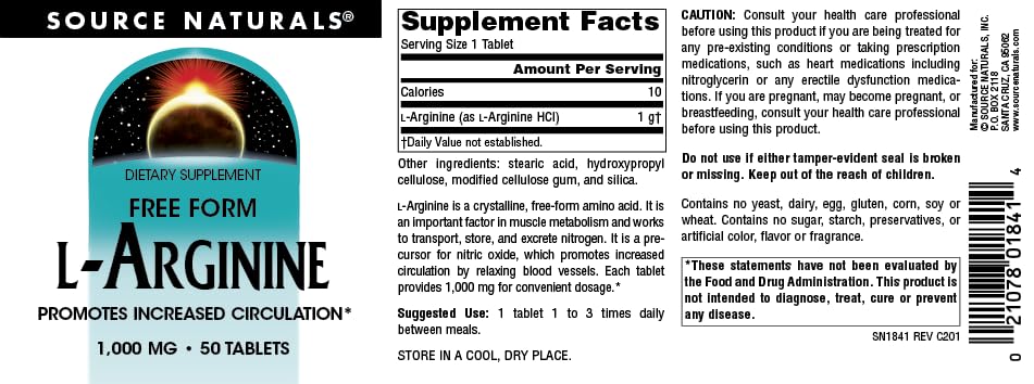 Source Naturals L-Arginina: cápsulas en blíster para ingesta entre comidas