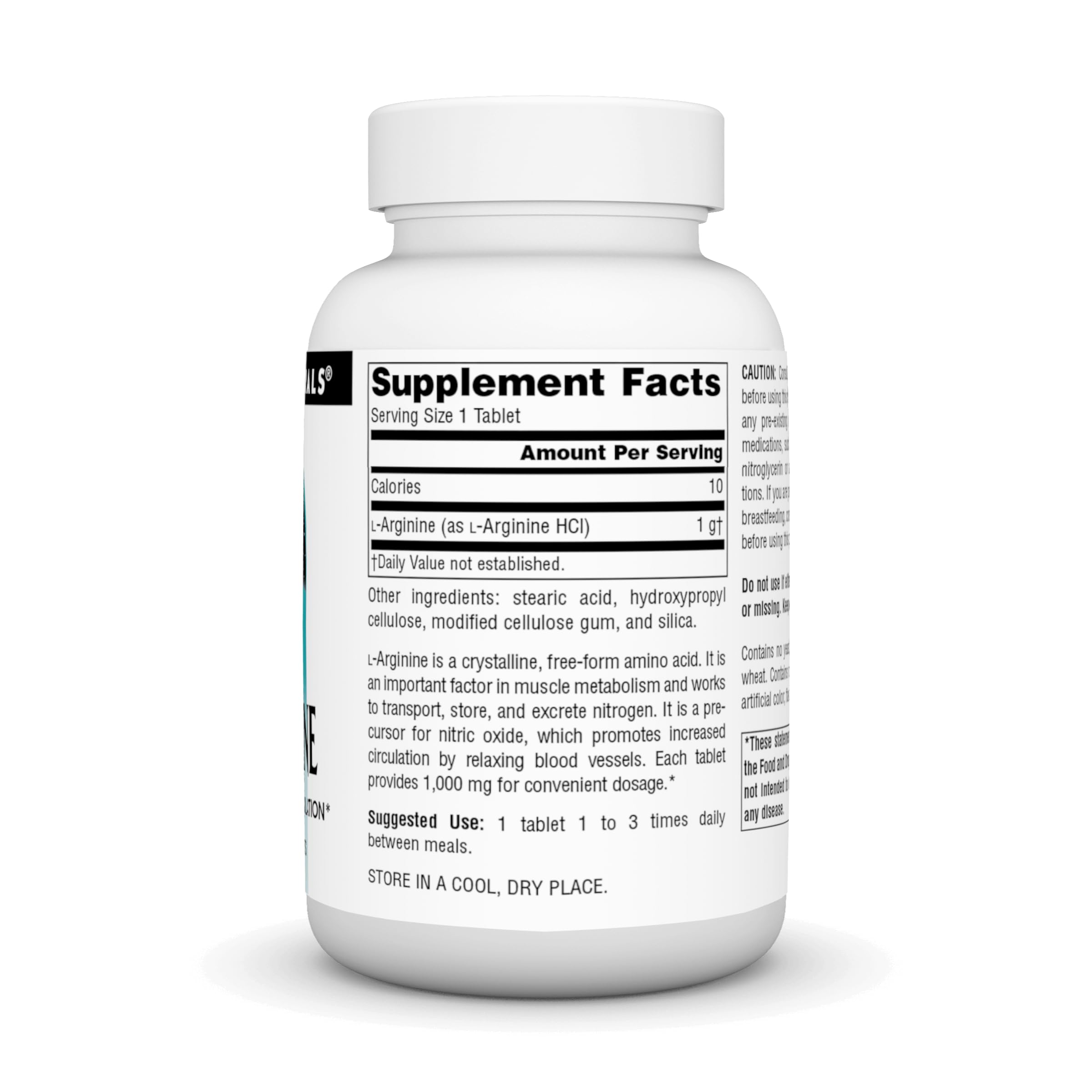 Source Naturals L-Arginina: empaque frontal, muestra cápsulas para soporte circulatorio